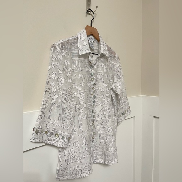 Graff by um Company Black & White Graphic Print Linen Blend Blouse Size PXS - Picture 7 of 8